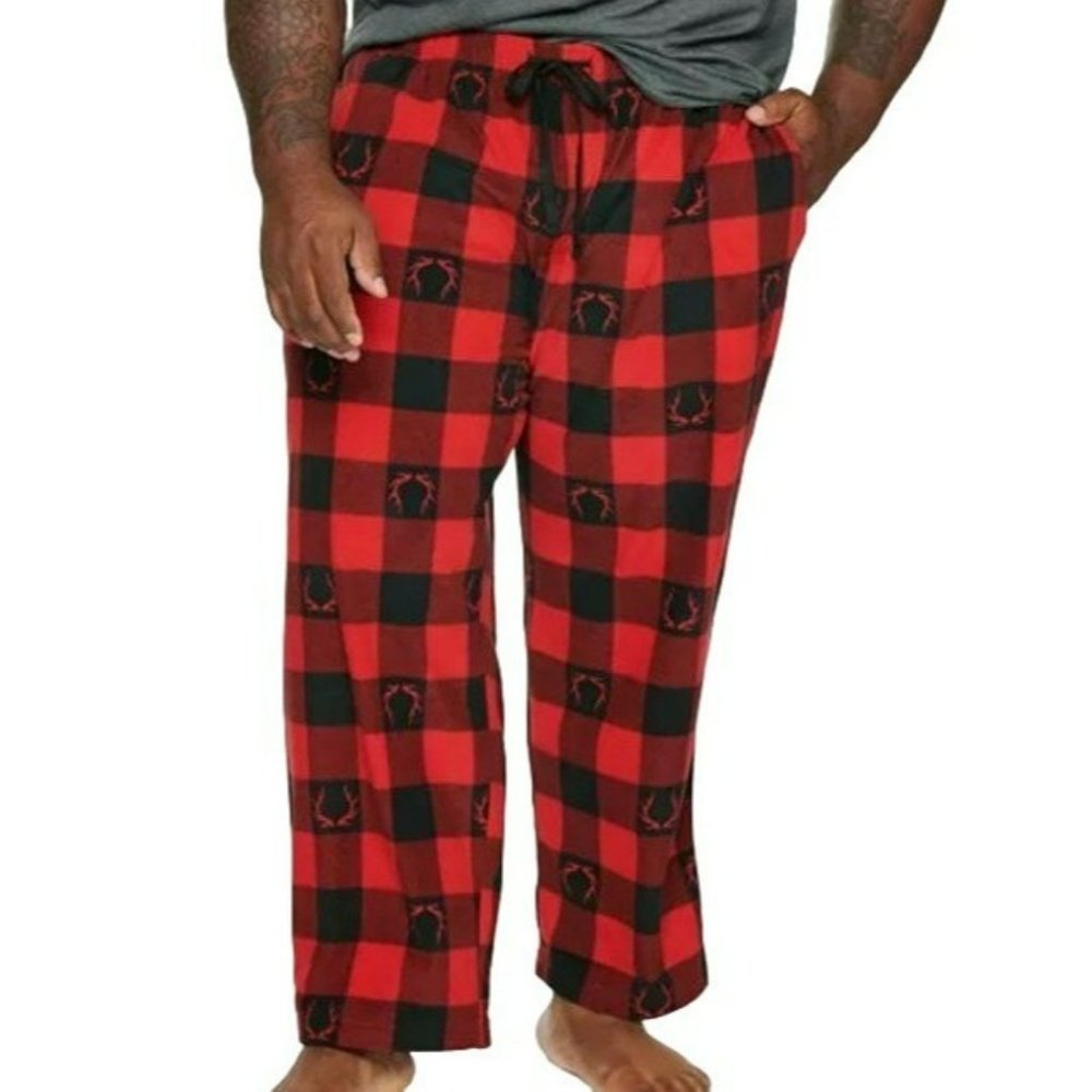 Men's Fleece Pajama Pants Lounge Sleep Red Black Deer Buffalo Plaid 1X JJ2092